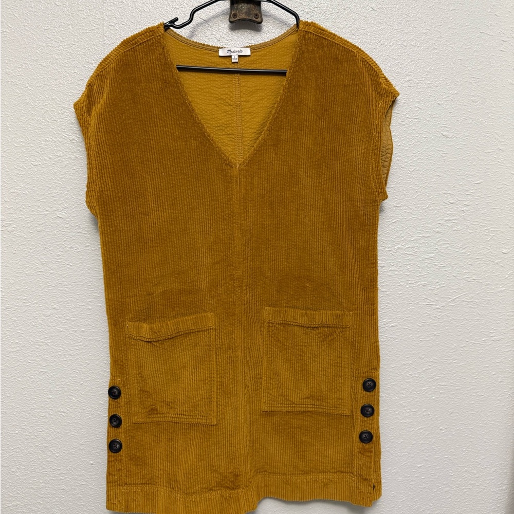Madewell Mustard Corduroy V-Neck Shift Dress with Side Button Accents size S